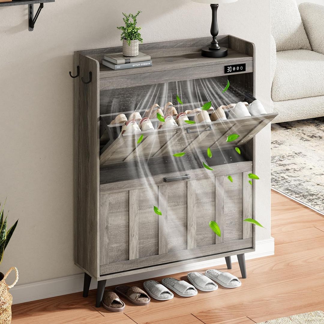 ChooChoo Shoe Storage Cabinet with 2 Flip Drawers, Deodorizing Shoe Organizer Storage for Entryway, Freestanding Hidden Slim Narrow Shoe Rack Cabinet, Grey