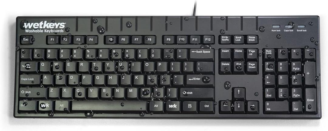 WetKeys Professional-Grade Full-Size ABS Plastic Washable Keyboard with 10-Key Number-pad (USB) (Black) | KBWKABS104-BK