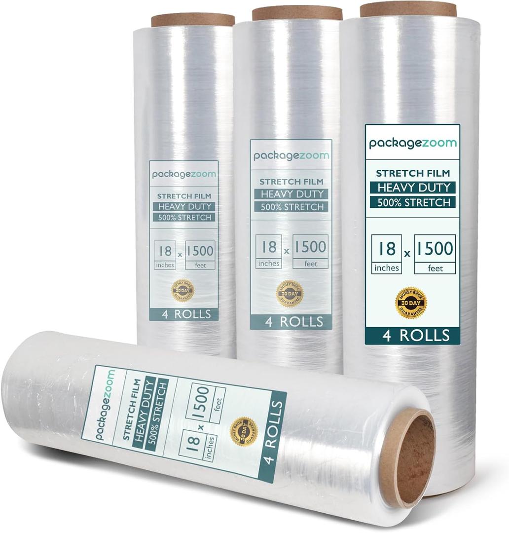 PackageZoom 4 Rolls Clear Stretch Wrap Film 18 x 1500 feet Plastic Wrap for Moving, Packing, Shipping & Storage Heavy Duty Industrial Cling Film for Boxes and Furniture