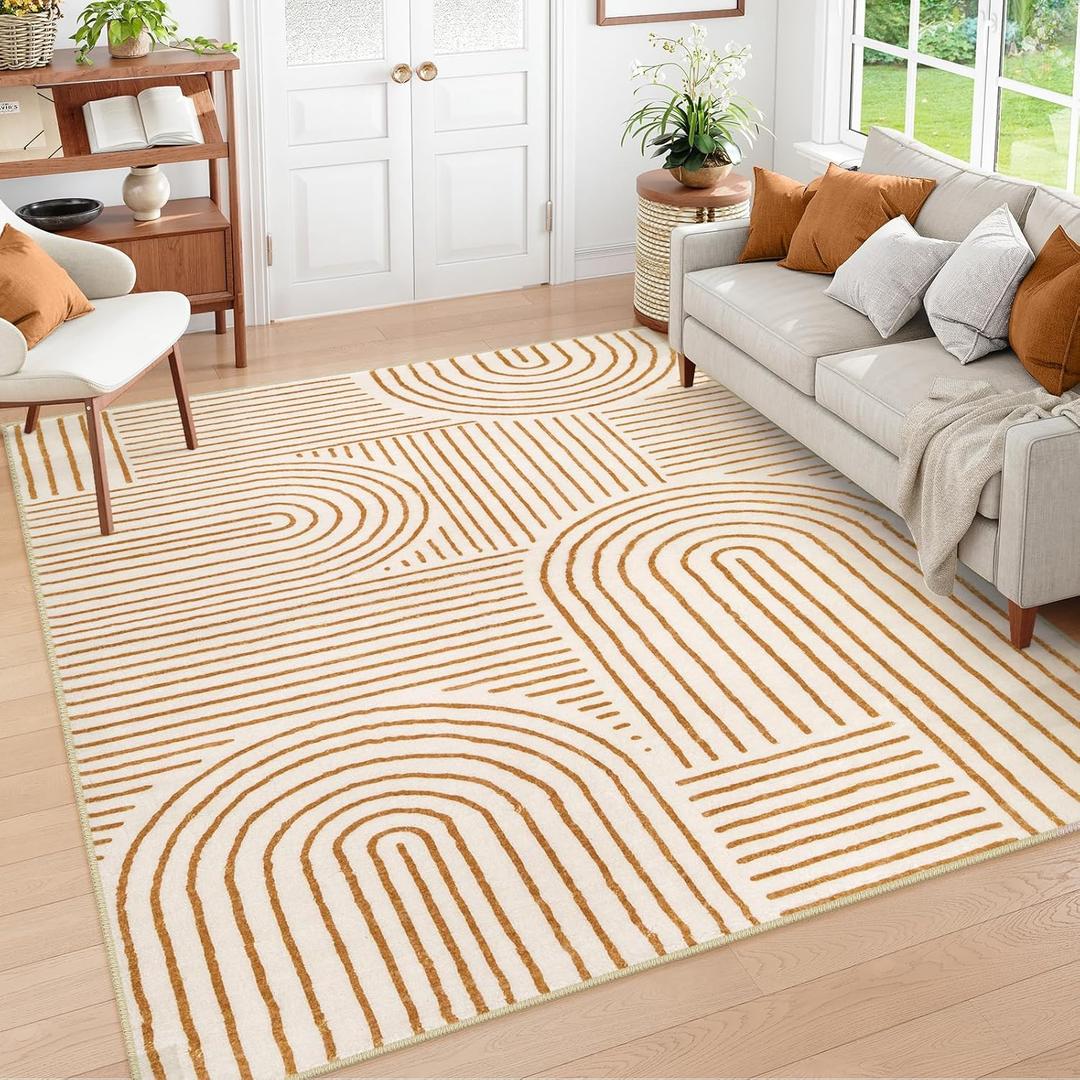 Lahome Abstract Washable Rugs 5x7, Non Slip Soft Living Room Rugs Ultra-Thin Rainbow Bedroom Rug, Non Skid Rug Backing Accent Carpet for Dining Room Office (5'x7',Orange)