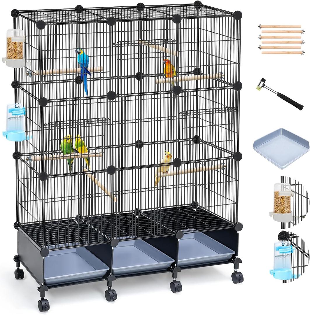 VISCOO Encrypted Bird Cage (46" x 36" x 12"), with Wooden Perches, Metal Parakeet Cage with Slide-Out Tray, Water Bottle&Feeder, Bird Cages for Parrot,Parakeets,Cockatiel,Small Mid-Sized Birds
