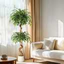 GarveeHome Ficus Artificial Tree with Curved Trunk5 Feet Faux Plant Fake Silk Trees with White Pot, Fake Ficus Tree for Home Decor, Artificial Plants Indoor for Office Living Room (5ft, Green)