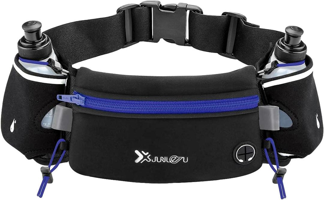 Running Belt with Water Bottles(2 x 175ML), Hydration Belt Waterproof Waist Pack Bag Fits iPhones Adjustable Sports Waist Pouch for Marathon Running Hiking Cycling (Blue)