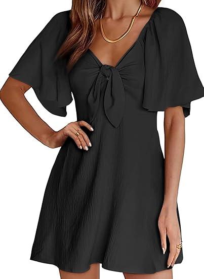 Dokotoo Womens Dresses 2025 Spring Summer Deep V Neck Elegant Bow tie Mini Dress,Size:S