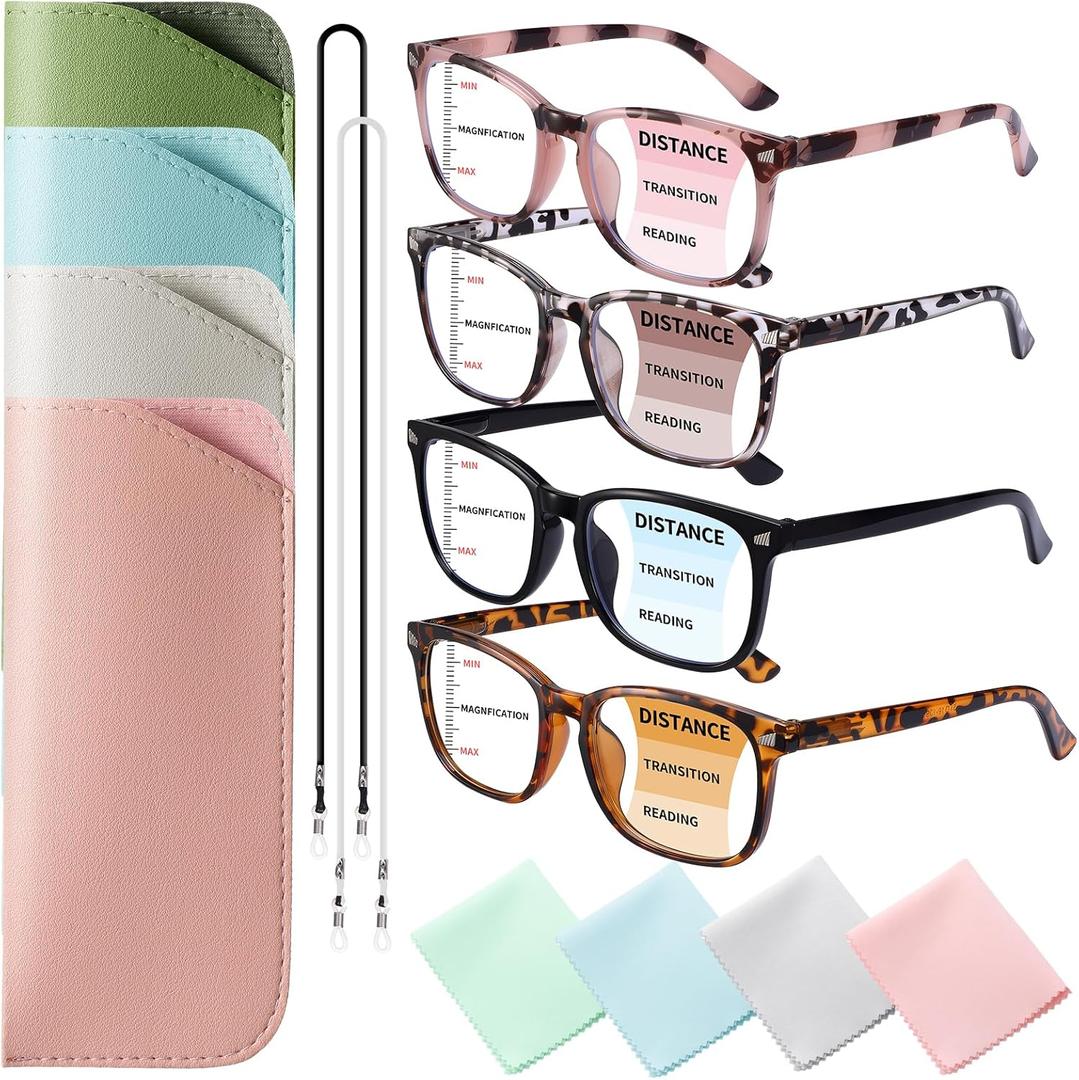 4 Pack Progressive Multifocus Reading Glasses for Men Women Spring Hinge Square Blue Light Blocking Readers (4 Mix Color)
