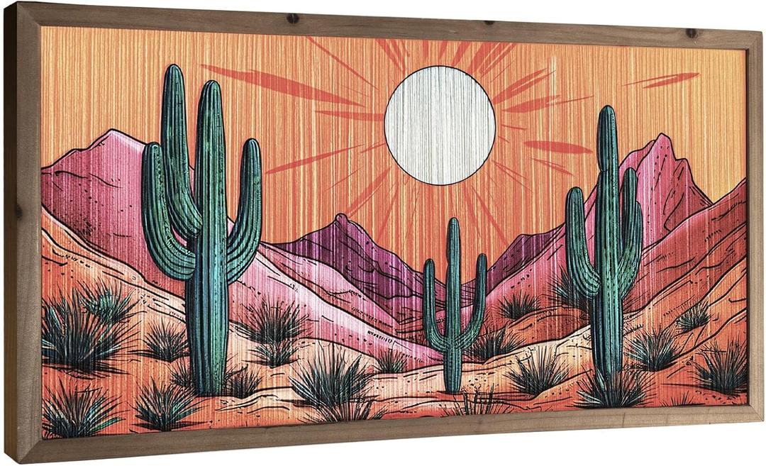 flangairy Cactus Wall Art Crafts String Picture With Wood Framed, 23.6x11.8 Inch Arizona Desert Landscape Wall Decor, Boho Western Aztec Living Room Bathroom Bedroom Southwestern Home Decorations