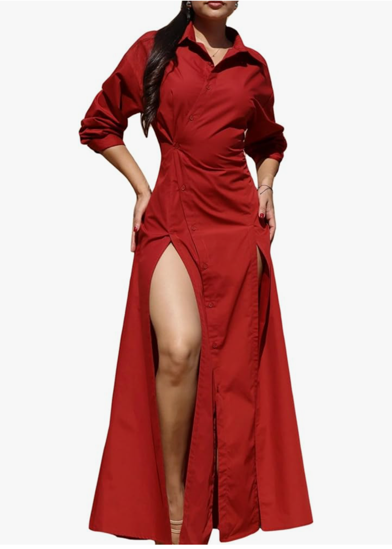 Ekaliy Women's Button Down Maxi Shirt Dress Double High Slits Long Sleeve Flowy Maxi Button-Up Dress, size S-M