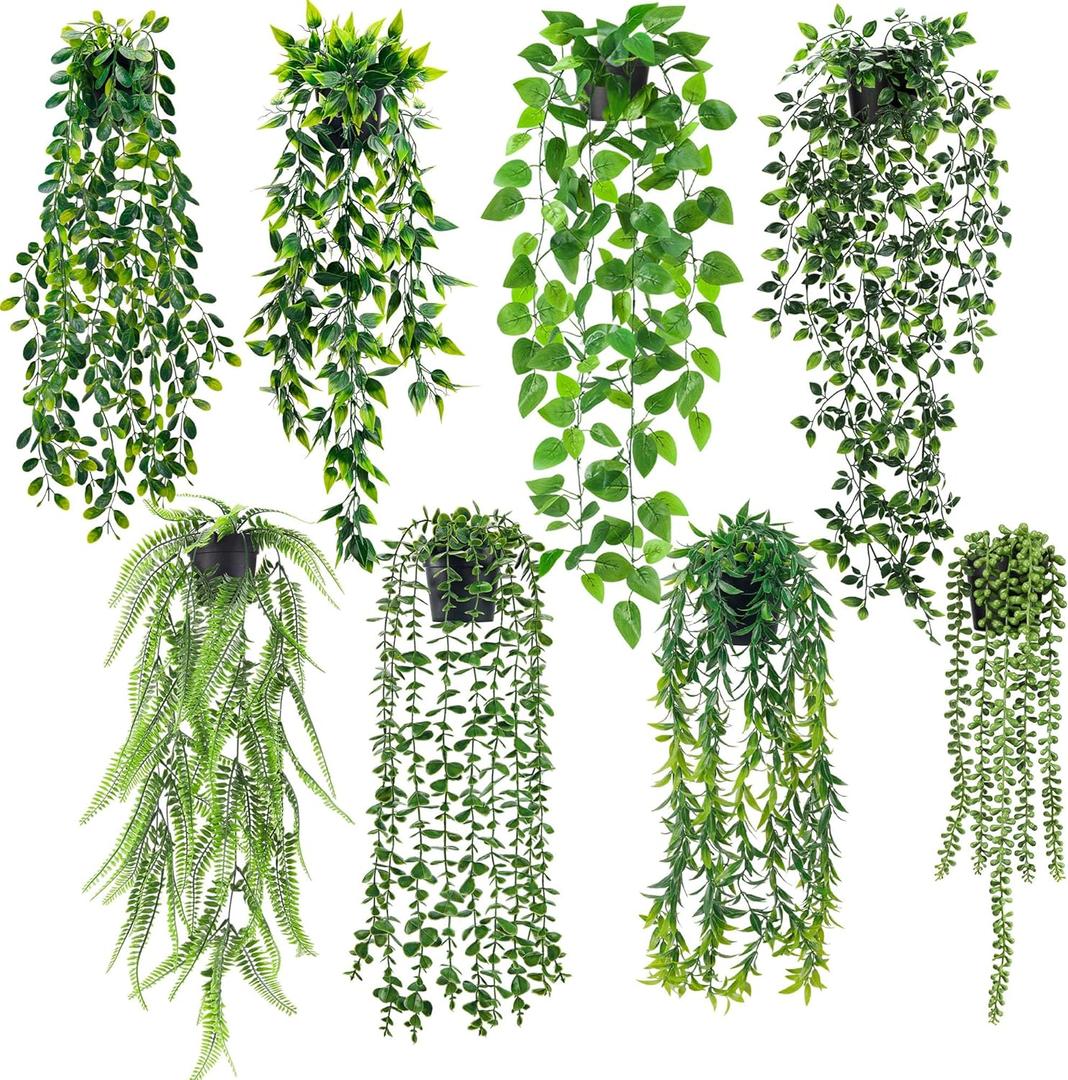 Der Rose 8Pcs Fake Hanging Plants in Black Pots Artificial Ivy Vines Faux Eucalyptus Plants for Bathroom Bookshelf Wall Shelf Decor Indoor