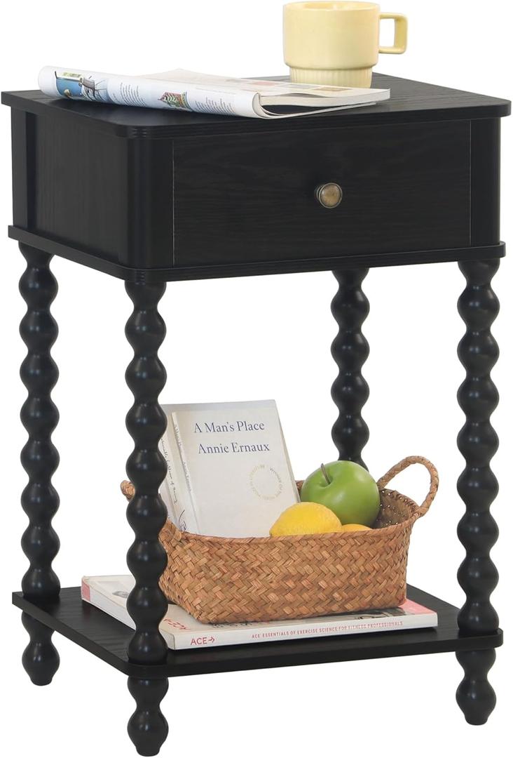 AWASEN Black Nightstand, Bedroom Side Table with Drawer for Living Room, Small Bedside End Table with Spindle Wood Legs for Bedroom, Office, Black
