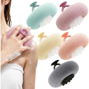 5 Packs Bath Sponge Shower Loofah, 2 in 1 Exfoliating Body Scrubber Exfoliator Net Sponges with Finger Rings, Super Soft Sunflower Suction Cup Bath Ball for Women Men (Pink+Yellow+Green+Purple+Gray)