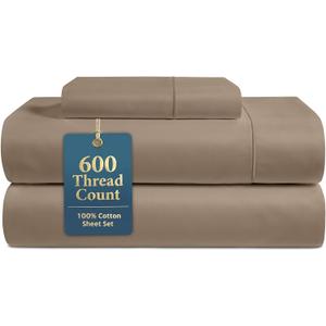 LANE LINEN 100% Cotton Sheets Set - 600 Thread Count Premium Sateen Weave for Extra Gentle Feel On Skin - Cooling Sheets for a Deep Sleep - 15'' Deep Pocket for Snug Fit to Your Mattress - Taupe (Twin XL)