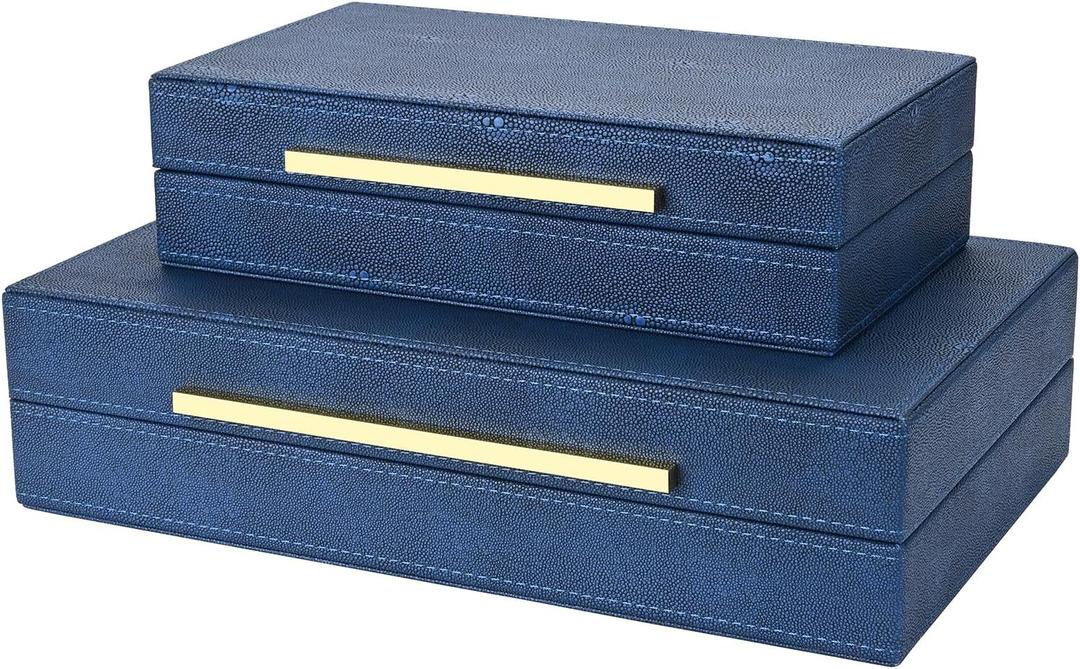 Navy Blue Shagreen box Set of 2 Faux Leather Decorative Boxes,Large Nesting Storage Decorative Boxes with Lids for Modern Home Decor Stacking Jewelry Box Organizer