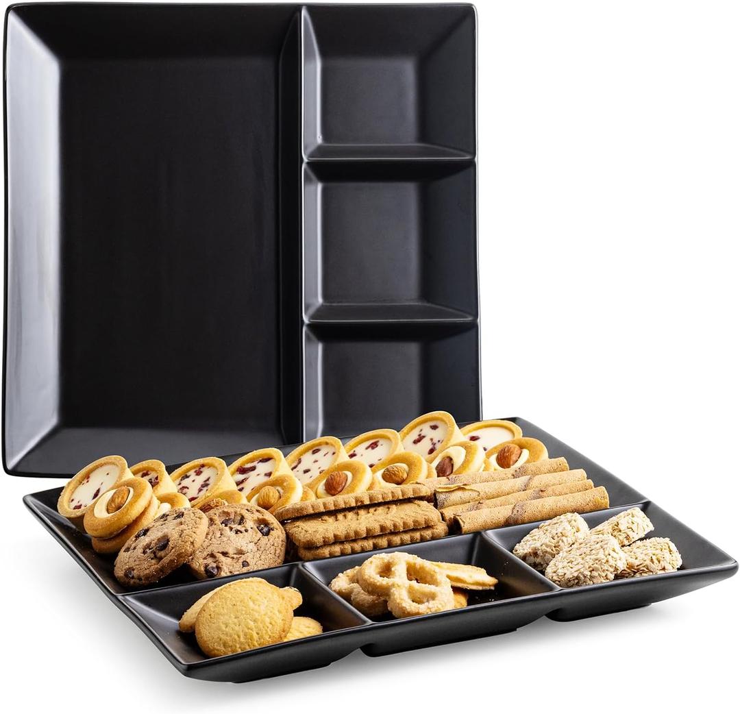 LAUCHUH Divided Serving Platters, 11 x 11 inch Porcelain Chip & Dip Serving Set Dinner Serving Tray 4 -Compartment Serving Dishes for Christmas, Candy, Nuts,Veggies, Snacks and Sauce, Black