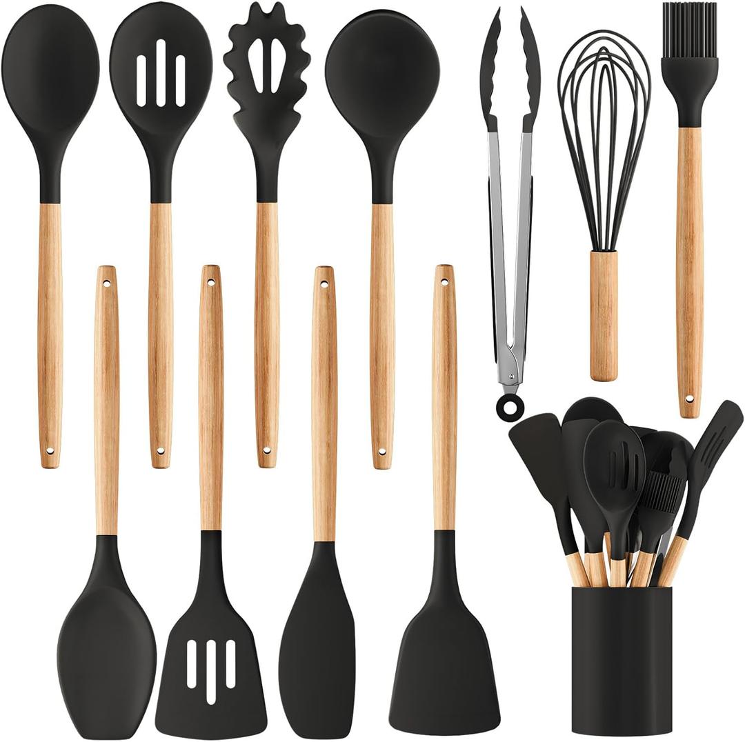 Silicone Cooking Utensil Set,12 PCS Cooking Cookware Kitchen Utensils Set for Cooking, Nonstick 446F Heat-Resistant Cookware Kitchen Tools of Spoon,Brush,Whisk,Spatula,Turner Tongs (Black)