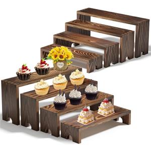 2 Set Stackable Wooden Cupcake Stand Tiered Riser Display Stands for Vendor Events Vendor Booth Display Items Farmhouse Decor Wood Dessert Table Display Set (Dark Brown, 2Pack)