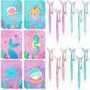 Teling 24 Pcs Mermaid Pen and Notepad 5 Inches 12 Cute Notepads 12 Black Ink Pen for Birthday Decorations, Party Favors, Kids Girls School Supplies