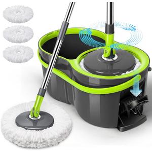 Spin Mop Bucket System,Masthome Pedal Spin Mop and Bucket with Wringer Set,EasyWring Microfiber Mop with 3 Mop Pads,360Spinning Floor Cleaning System - Home & Office Suitable (Green+dark Grey)