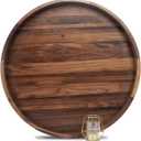 24 Inches Extra Large Round Black Walnut Wood Ottoman Tray with Handles, Serve Tea, Coffee or Breakfast in Bed, Classic Circular Wooden Decorative Serving Tray