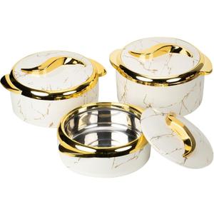 3 Piece Insulated Casserole Dishes with Lids, Thermal Serving Bowls Set 2.6/2.1/1.6 Qt, Food Warmer Containers with Handles, Stainless Steel Liner, Marble White