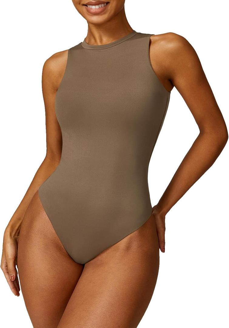 Women's Sleeveless Bodysuit High Crew Neck Sexy Tank Top Body Suits for Women Bodysuit Tummy Control (Medium, Camel Brown)