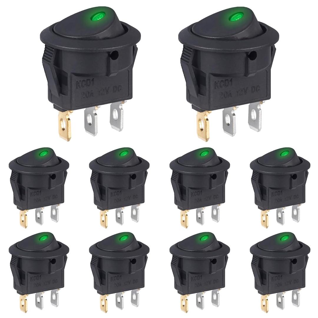 2 x VEXUNGA 12V 20A Round Rocker Switch Green LED Light Toggle Switch ON Off 3Pins 12V DC SPST ON/Off Switches for Car Truck Automotive (10pcs)