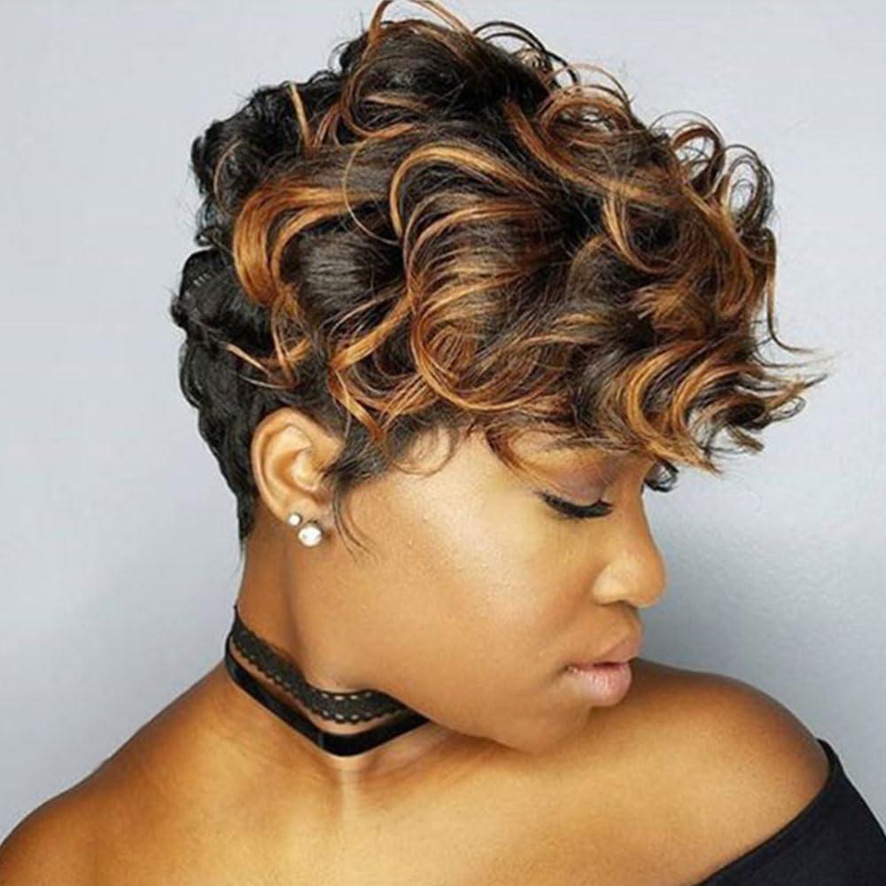 Short Pixie Cut Wigs for Black Women Short Curly Pixie Wigs for Black Women Synthetic Hair Replacement Wigs with Bangs Daily Use Glueless Wig Full Machine Made Color F1B/30 CY#N36U