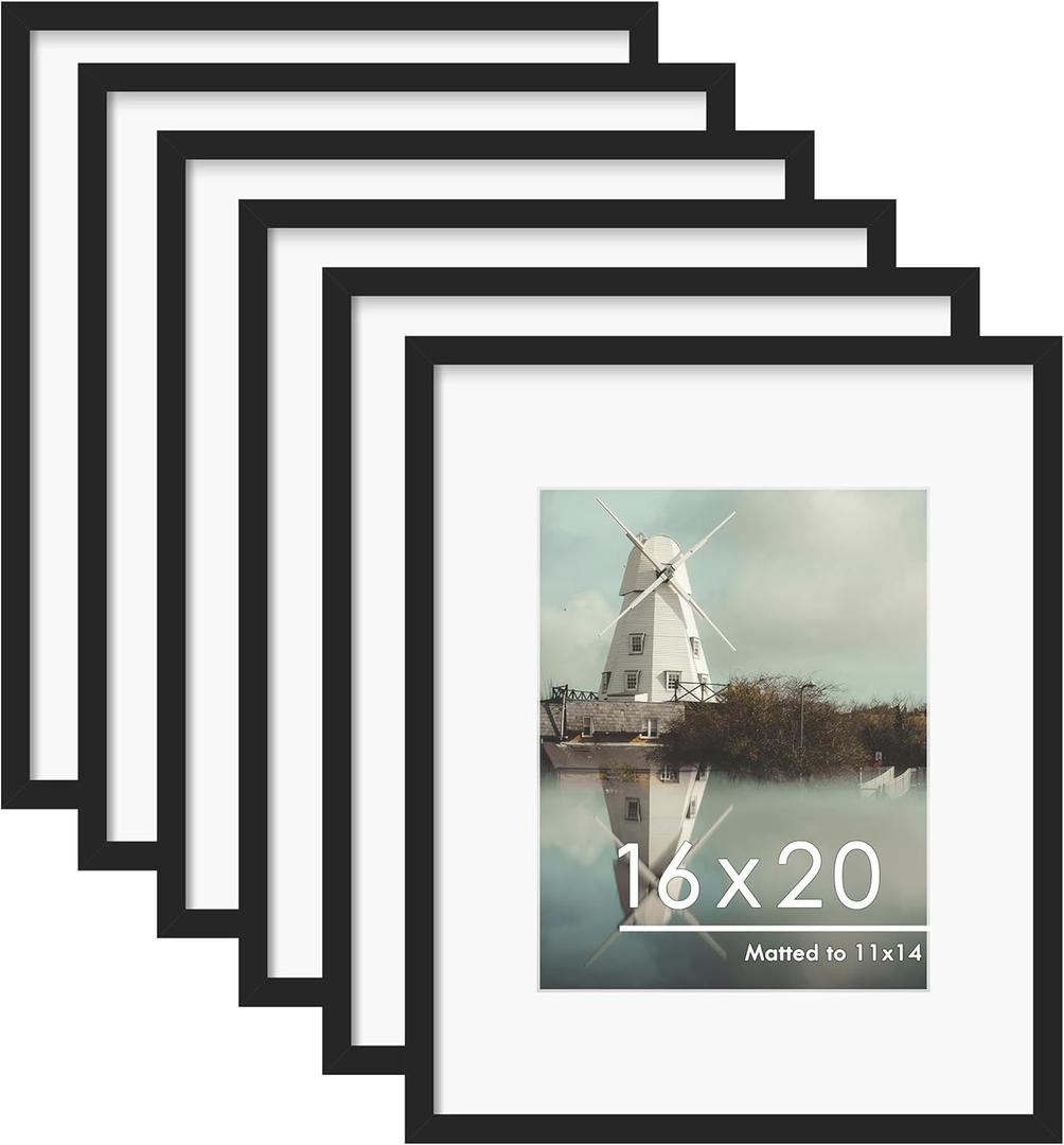 PEALSN 16x20 Picture Frame Set of 6, Display Pictures 11 x 14 with Mat or 16 x 20 without Mat for Wall Mounting Display, Poster Frames Collage for Wall Decor, Black.