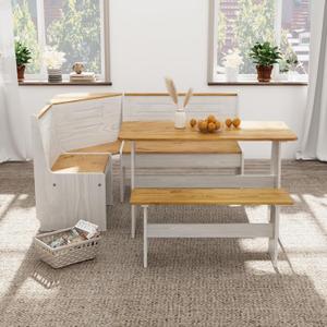 Breakfast Nook Dining Table Set  L-Shaped Kitchen Nook Booth with Bench Seating, Farmhouse Banquette Corner Dining Table for Small Spaces, White Wood Dining Furniture