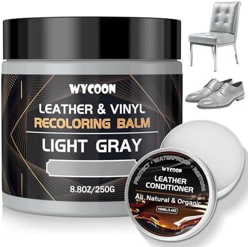 WYCOON Leather Recoloring Balm with 100ml Mink Oil Conditioner | Light Gray Repair Kit, Dye & Color Restorer for Furniture, Sofa, Car Seats, Bags | Restore Faded & Scratched Surfaces