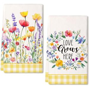 Floral Wreath Spring Kitchen Towels Set of 2,Pink Flower Dish Hand Towels Farmhouse Indoor Outdoor Holiday Seasonal Decorations DD097