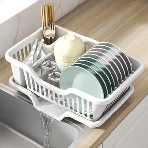 2-Piece Plastic Dish Drying Rack, Heavy Duty Sink Set Dish Rack, White Large Drainer with Attached Drainboard Utensil Cup Holders for Home Kitchen Counter Top Organizers