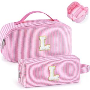 YOOLIFE Personalized Gifts for Women Teen Girls - Initial Makeup Bag Make Up Bag | 8 9 10 11 12 13 14 15 Year Old Girl Birthday Gift | Friend Birthday Bridesmaid Wedding Gift for Women Mom Pink L