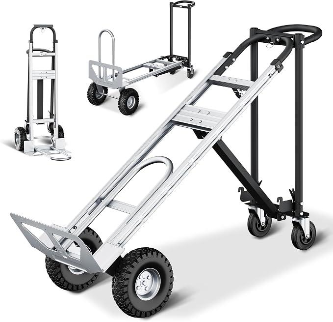 3 in 1 Convertible Hand Truck Dolly Cart with 10" Pneumatic Wheels, 1000LBS Capacity Heavy Duty Dolly, Hand Cart with Bungee Cords for Logistics, Moving, Shopping, Home, Office (Black)