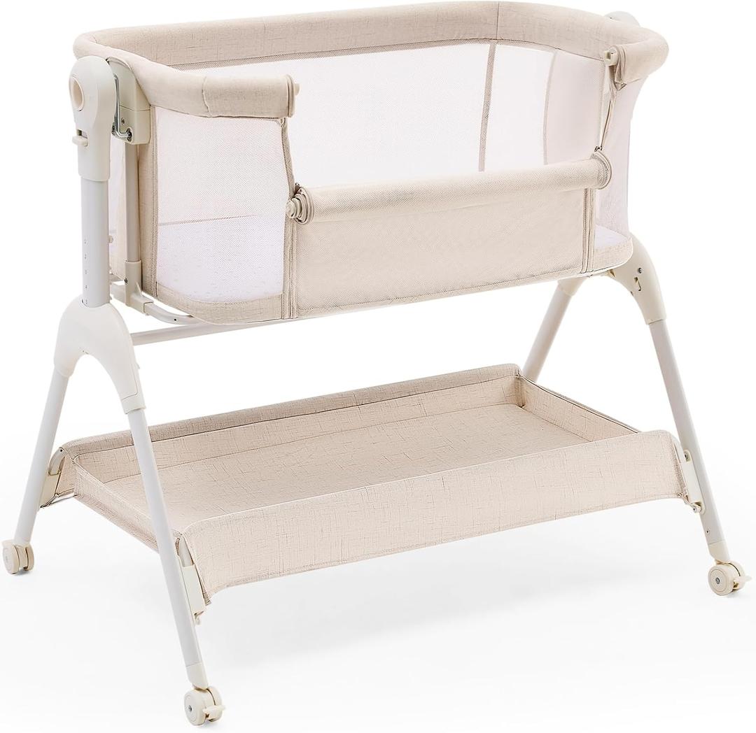 HARPPA Cuddly Sway Baby Bassinet Bedside Sleeper, 3 in 1 Rocking Bassinet with Mattress and Soft Cover, Full Mesh Sides, 5 Height Adjustable with Wheels for Newborns, Beige, Crib