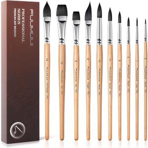Watercolor Brush Set, Fuumuui 10pcs Professional Synthetic Squirrel Paint Brushes for Artists - Flat, Round Pointed, Dagger, Cats Tongue Oval Wash
