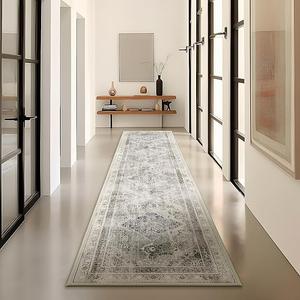 Phantoscope Hallway Runner Rug 2'x8' - Boho Washable Non-Slip Kitchen Rug Runner, Ultra-Thin Vintage Distressed Accent Throw Rug for Entryway Laundry Bathroom Bedroom, Grey/Dull Teal