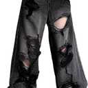 Baggy Jeans for Women Men Ripped Straight Leg High Waisted Pants (Black, M)