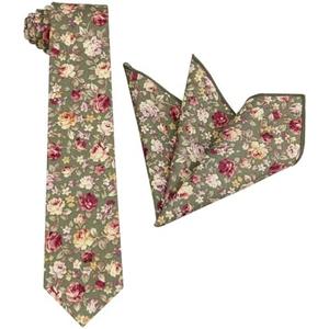 Entwineno Mens Floral Print Tie Set - Necktie with Pocket Square for Men - Wedding - Groomsmen