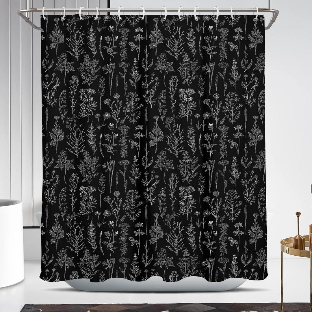 Coxila Vintage Floral Shower Curtain Black and White Retro Flower Dark Gray Grey Botanical Plant Boho Country Rustic Gothic Goth Moody Cute Antique Bathroom 60 x 72 Inch Polyester Fabric 12 Pack Hooks