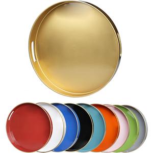 Gold Round Decorative Tray with Handles, 13" Elegant Coffee Table Serving Tray for Ottoman Living Room, Bathroom, Outdoors, Breakfast