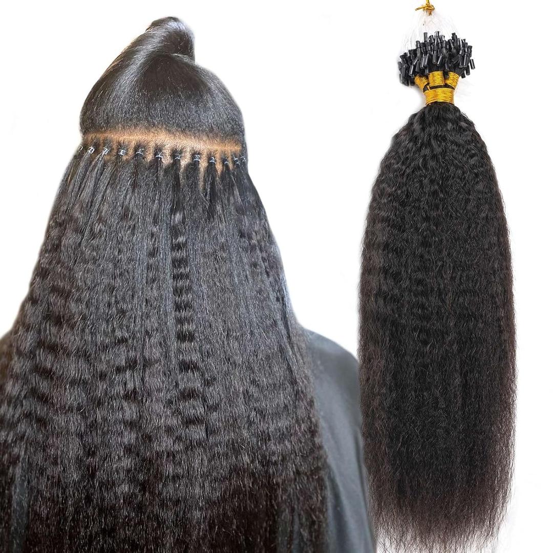 Kinky Straight Micro Link Extensions Hair Human Hair Niawigs Micro Links Hair Extensions for Black Women 100 Strands Micro Loop Human Hair Extensions 20 Inches 100G Natural Black