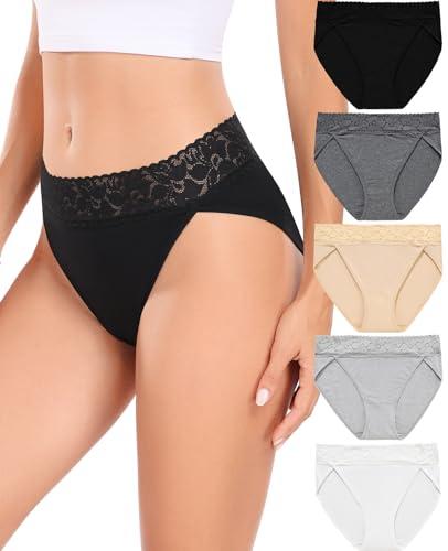 RHYFF Womens Underwear Cotton Bikini Panties High Cut Lace Panty Stretch Soft Hipster Underpants Ladies Briefs M-BlackWhite