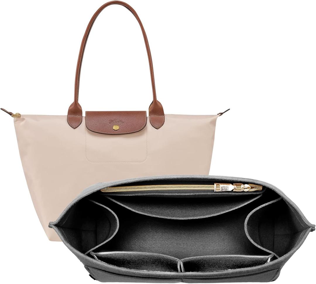 OPPOSHE Purse Organizer Insert for Longchamp Le Pliage, Premium Felt Long Champ Bag Handbag Women, Tote Organizer Insert with 9 Compartments (Medium, Grey) (M-10.4*5.7*7.9in)