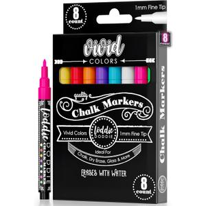Loddie Doddie Fine Tip Liquid Chalk Markers - Pack of 8, 1mm Tip - Precision Pens for Chalkboard Calendar Art - Quick-Wipe Chalk Pens for Glass & Mirrors - Vibrant Neon Car Window Markers (Vivid Colors)
