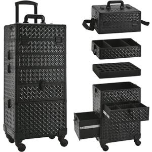Makeup Train Case with Drawer, Rolling Makeup Case, Cosmetology Case on Wheels, Gift, Large Makeup Case Organizers, Professional for Salon Barber, Nail, Tattoo, Black
