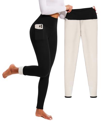 FULLSOFT Fleece Lined Leggings for Women – Thick High Waisted Winter Warm Yoga Pants Workout Tummy Control Thermal Warm Leggings with Pockets(Black,Large)