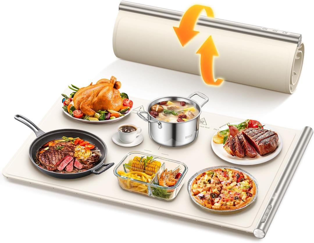 Food Warming Mat, 10s Fast Full-Surface Heating Warming Tray, Raised Feet Protect Countertop, 3 Temperature Levels, 4-Hour Timer, Portable Design for Party Buffet Home Use, Beige