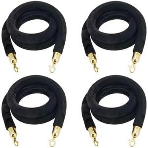 JAPCHET 4 Pack 6.6 Feet Velvet Rope, Black Velvet Stanchion Rope with Gold Polished Hooks, Crowd Control Queue Line Barrier Rope Hanging Ropes for Hotels, Movie Theaters