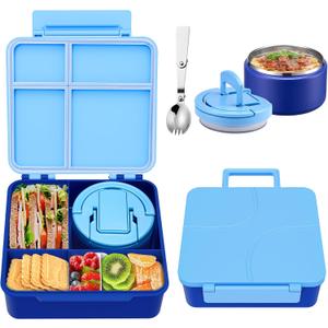 Bento Lunch Box for Kids with 8oz Soup Thermo,Kids Leakproof Lunch Food Containers with 4 Compartment,Kid Insulated Thermo Hot Food Jar for School,Trvael-Blue