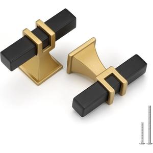 Haliwu 10 Pack Cabinet Knobs, Black&Gold Kitchen Dresser Drawer Handles, T-bar Hardware